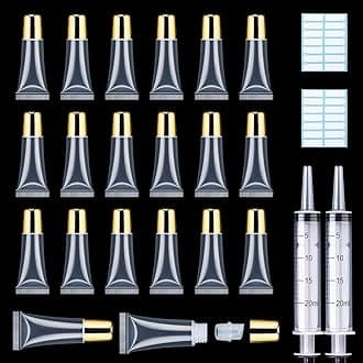 AMORIX 50PCS Lip Gloss Tubes 5ml Gold Cap Lip Gloss Containers Empty Lip Balm Tubes Refillable Squeeze Lipgloss Tubes + 2 x 20ml Syringes Tag Labels for DIY Lip Gloss Base Glitter