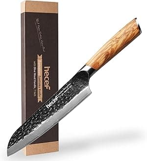 hecef 7 Inch Damascus Santoku Knife, Professional Japanese Knife, High Carbon Damascus Stainless Steel Ultra Sharp Knife with Ergonomic Olive Wood Handle