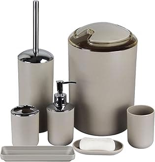 IMAVO Bathroom Accessories Set,6 Pcs Plastic Gift Set Toothbrush Holder,Toothbrush Cup,Soap Dispenser,Soap Dish,Toilet Brush Holder,Trash Can,Tumbler Straw Set Bathroom (Apricot)