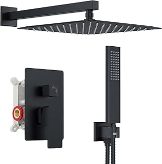 Shower Set with 12 Inch High Pressure Rain Shower Head and Handheld and Shower Faucet Mixer Valve Modern Shower System Including Pressure Balance Valve Shower Trim Kit for Bathroom,Matte Black