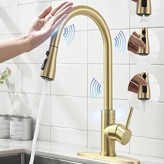 Touch On Kitchen Faucet, 3 Modes Pull Down Sprayer, Touch On Sensor Activated, Ceramic Disc Valve,360-Degree Rotation,1 or 3 Hole Deck Plate. 10-Year Warranty. (Gold, KW-69J)