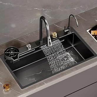 HAPPY HOMES 304 Grade 30'' x 18'' x 10'' Kitchen Sink with ANTI SCRATCH DESIGN Integrated Waterfall and Pull-down Faucet Set Stainless Steel Sink with Cup washer and Drain Baskets (ESSENTIAL MODEL)