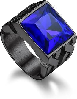 Bandmax Gemstone Signet Rings for Men, Stainless Steel Fancy Cut Cubic Zirconia Rings Blue Topaz/Emerald/Black Onyx/Ruby Ring Statement Ring Wedding Ring Size 7-14