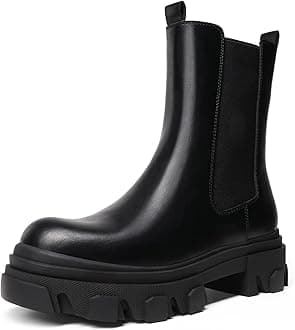 DREAM PAIRSWomen's Fashion Waterproof Chelsea Boots Comfy Mid Calf Platform Chunky Boots Slip On Winter Riding Ankle Booties
