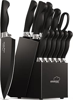 Amorston Knife Set, 15 Pieces Kitchen Knives Set with Block and Built in Sharpener, Dishwasher Safe Knife Block Set, German Stainless Steel Knife Block Set for Home Kitchen Gifts, Black