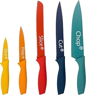 Knife Set of 5 Kitchen Knives incl. Paring, Utility, Bread, Carving & Chef Knives for Cooking, Professional Sharp Stainless Steel, Non Stick Blades & Soft Touch Handles, 5 Piece, Coloured