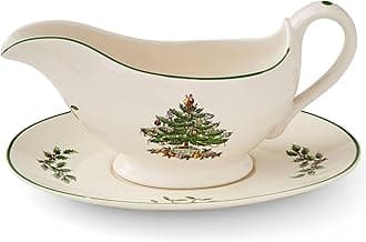 Christmas Tree 9 Oz Gravy Boat & Stand - Festive Stoneware Sauce Boat with Tray for Holiday Gatherings, Serveware for Gravy, Sauces & Syrups - Microwave, Dishwasher & Oven Safe