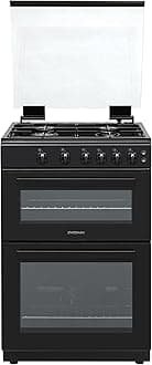 Statesman GDL60B Double Oven Gas Cooker with Glass Lid & Closed Door Grilling, 4 Gas Burners, 60cm Wide, Black