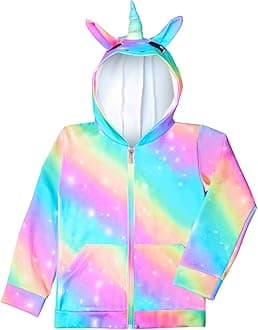 Girls Zip Up Hoodie Jacket Unicorn Rainbow Mermaid Sweatshirt with Pockets for Toddler Kid 3-9 Y