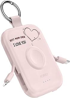 RORRY Portable Charger, 5000mAh Portable Charger Power Bank with Built-in Cables, Travel Keychain Battery Pack for Apple Watch Ultra/11/10/9/8/7/6/SE, iPhone Air/17/16/15/14/13/12, Mom-Pink