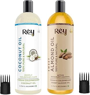 Rey Naturals Sweet Almond Oil & Coconut Oil For Hydrated Hair & Dandruff Free Scalp (Nariyal & Badam Oil) - 200ml Each | Cold Pressed Oil For Scalp Nourishment & Shiny Hair | Hair Oil For Men & Women