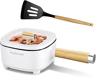 Hot Pot Electric 2L, Cermic Glaze Non-Stick Frying Pan 8 Inch, Portable Travel Cooker for Ramen/Steak/Fried Rice/Oatmeal/Soup, with Dual Power Control (Silicone Spatula Included)