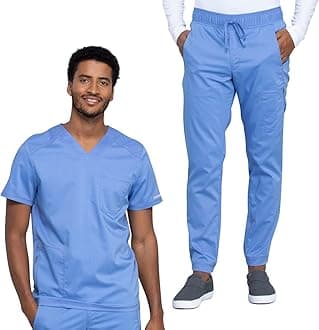 Cherokee Men's Scrub Set, V-Neck Scrub Top Modern fit WW603 with Natural Rise Jogger Scrub Pants Drawstring Waistband WW012