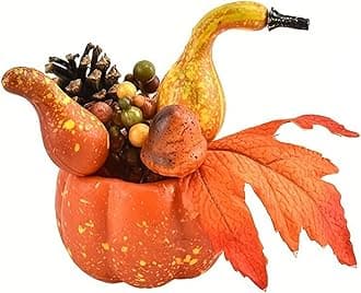 Ochine Thanksgiving Artificial Pumpkins Fall Decorations for Home, Small Decorative Orange Pumpkin with Maple for Autumn Harvest Fall Decor Halloween Table Centerpiece Home Kitchen Party