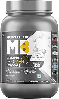 - MuscleBlaze Biozyme Iso-Zero, Low Carb Whey Protein Isolate Powder, 27g Isolate Whey Per Scoop (Cookies & Cream, 1kg / 2.2lbs) | USA Patent-Published Enhanced Absorption Formula (EAF)