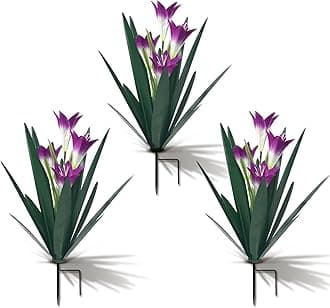 Homight Metal Agave Plant Outdoor Decoration Lily Mexican Yard Art Garden Gift Home Decor Hand Painted Metal Agave Garden Yard Statue, Outdoor Lawn Ornaments(3 Big Purple Lilies)