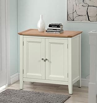 Hallowood Furniture Clifton Small Storage Cabinet with Doors and Shelves in Light Oak Top, Wooden Green Off-White Cupboard, Perfect for Pantry Storage, Bathroom Cabinet, Entryway Table