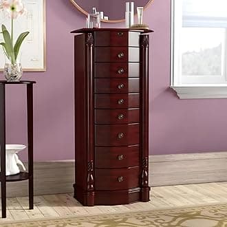 Alveare Home Louisa Standing Locking Jewelry Armoire – Wood Storage Cabinet with Mirror, 8 Drawers, Necklace Hooks, Ring Rolls & Cord Organizing Port – Safe & Elegant Organizer, Cherry