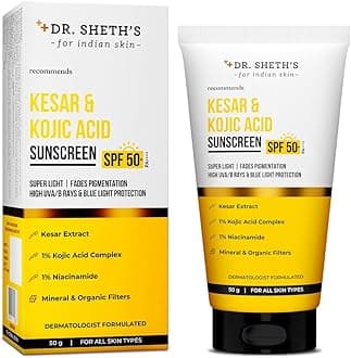 Dr. Sheth’s Sunscreen SPF 50 PA++++ with Kojic Acid, Niacinamide & Kesar Extract | Broad Spectrum UVA & UVB Protection, Lightweight Gel Cream, No White Cast, Fades Pigmentation & Evens Skin Tone, 50g