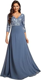 Ever-Pretty Women's Elegant Formal Dress V-Neck Long Sleeve Sequin Maxi Chiffon Evening Dresses Vestidos De Fiesta 00751