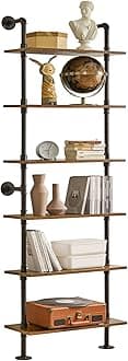 Industrial Pipe Ladder Shelf, 6-Tier Wall Mounted Bookcase with Metal Frame, 78.7" Open Bookshelf, Multifunctional Storage Rack for Home Office, Living Room, Plant Stand, Rustic Brown, RF-TM018