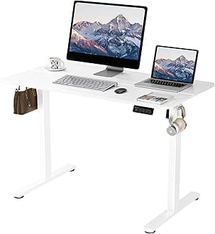 ERGOMAKER Electric Standing Desk, 110 x 60 cm Height Adjustable Sit Stand Desk with Splice Board for Home Office, Computer Table Memory Preset (White Frame, White Desktop)