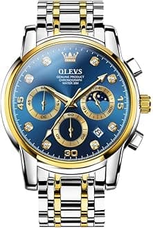 OLEVS Men's Chronograph Watch, Gold Silver Tone Stainless Steel Analog Quartz Watch, Multi-Function Waterproof Date Diamond Roman Numerals Dial Dress Watch for Men