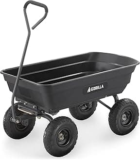 "Gorilla Carts GOR4PS Poly Garden Dump Cart with Steel Frame and 10-in. Pneumatic Tires, Padded pull handle and Quick-release for easy unloading, 600-Pound Capacity, Black"