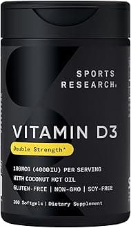 Sports Research® Vitamin D3 4000 IU with Coconut MCT Oil - Double Strength Vitamin D Supplement - Gluten Free · Non-GMO · Soy Free - 360 Count Softgels