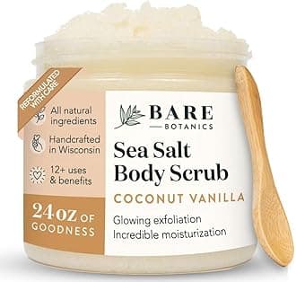 Bare Botanics Natural Body Scrub (Coconut Vanilla) – Gentle Exfoliator & Super Moisturizer | Includes a Wooden Spoon | No Synthetic Fragrances, No Nut Oils, Ready to Gift | Net Weight 24oz