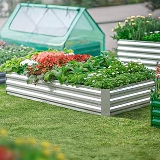 Quictent Galvanized Raised Garden Bed with Cover Metal Planter Box Kit, w/ 2 Large Screen Windows Mini Greenhouse 20pcs T Tags 1 Pair of Gloves Included Outdoor Growing Vegetables