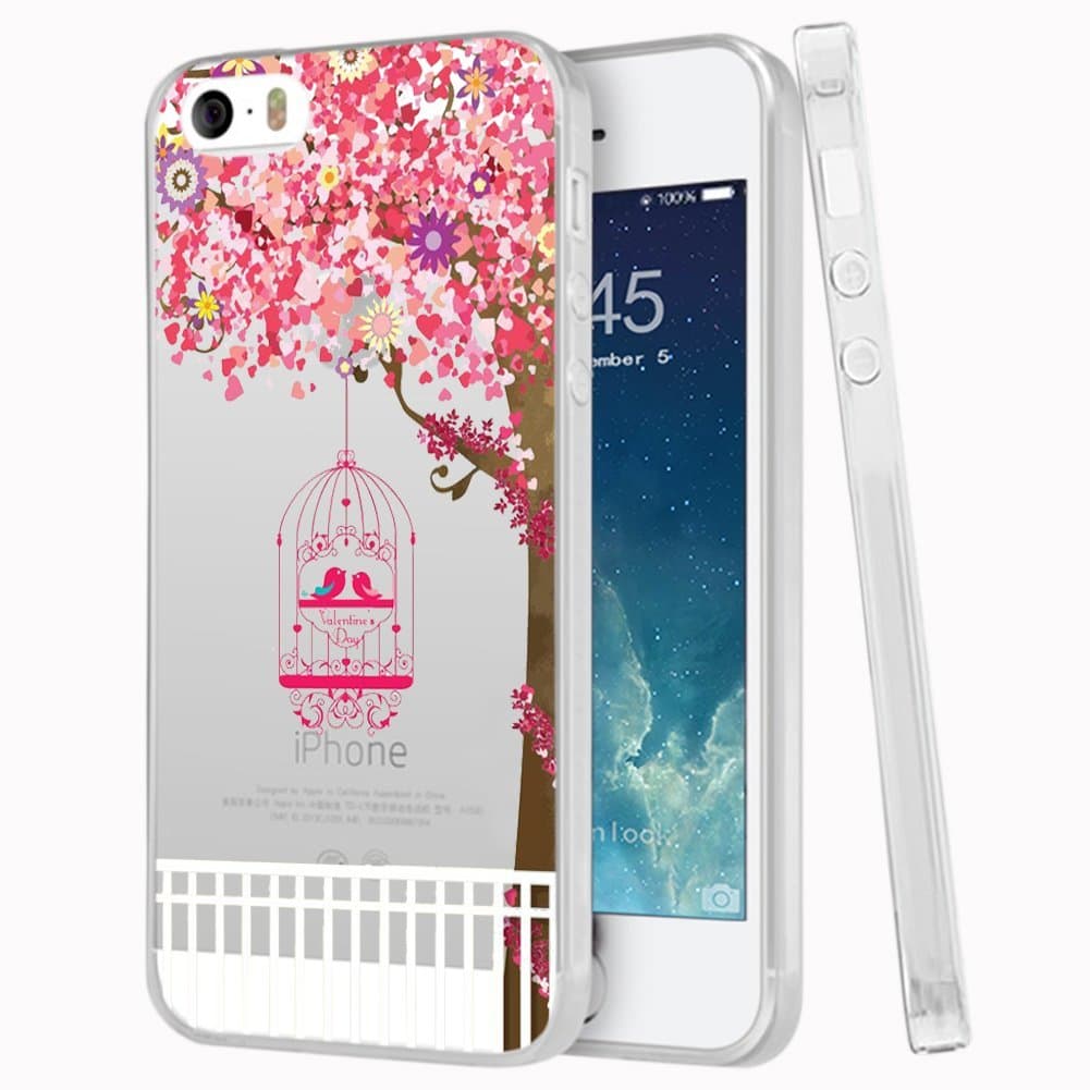 iPhone SE Case, Eouine Cherry Tree with Birdcage Printed Flexible Soft Silicone TPU Case for iPhone SE 5S 5, Scratch-Resistant Protective Case