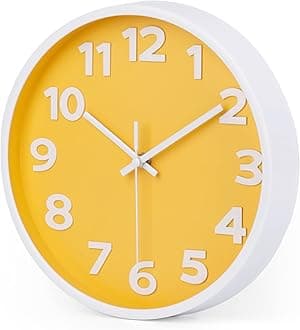 10 Inch Yellow Wall Clock with Big Numbers - Battery Operated Silent Modern Simple Decor Easy to Read for Kitchen, Bedroom, Living Room, Office, School