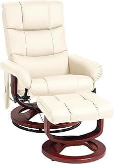 HOMCOM Massage Recliner Chair with Ottoman, Swivel Recliner and Footrest, Faux Leather Reclining Chair with Remote Control and Side Pocket, Cream White