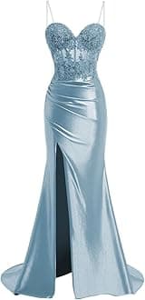 Spaghetti Strap Sweetheart Satin Prom Dresses with Split Lace Appliques Pleated Mermaid Long Evening Gown TM13