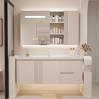 Bathroom Vanity with Sink - Floating Bathroom Vanity Contains LED Smart Defog Mirror Cabinet | Solid Wood Bathroom Vanity | Wall Mounted Installation (44")