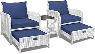 Balcony Furniture 5 Piece Patio Conversation Set, PE Wicker Rattan Outdoor Lounge Chairs with Soft Cushions 2 Ottoman&Glass Table for Porch