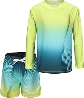 AisyeeBoys Swimming Costume Two Piece Swimsuit Set with Swimming Trunks Kids Long Sleeve Bathing Suit Swimwear