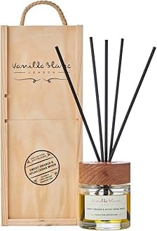 Vanilla Blanc Natural Reed Diffuser, Home Fragrance, Encased in a Signature Hand Crafted Wooden Gift Box (Sweet Orange & Atlas Cedar Wood)