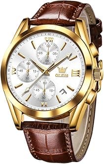 OLEVSOLEVS Watches for Men Brown Leather Gold Case Analog Quartz Fashion Business Dress Watch Day Date Luminous Waterproof Casual Male Wrist Watches