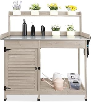 Outdoor Garden Potting Bench Table,41" L Wooden Potting Table Work Bench for Horticulture,Waterproof Workstation Table with Metal Tabletop/Cabinet/Drawer/Open Shelf,Grey (Table10-Grey)