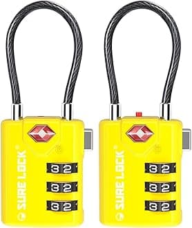 SURE LOCK TSA Approved Combination Luggage Locks with Open Alert Indicator – Durable Zinc Alloy Cable Travel Locks with Large Easy-Read Dials for Suitcases, Backpacks & Gym Bags(2, Yellow)