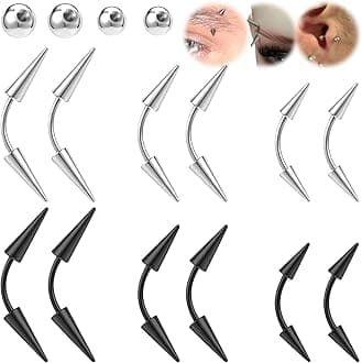 BodyAce 16G Spike Eyebrow Piercing Jewelry, Curved Barbell Eyebrow Tragus Lip Rings with Balls, Black Spike Earrings Rook Nose Bridge Ring for Women Men
