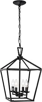 Untrammelife 4-Light Black Lantern Pendant Light, Adjustable Height Square Cage Chandelier 11''W Rustic Hanging Lighting Fixture for Dining Room Kitchen Island Foyer