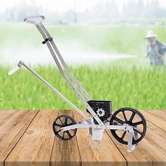 Garden Seeder Metal Handhled Garden Push Seeder, Metal Walk Behind Row Seed Planter with 6 Seed Plates, Agricultural Garden Seeding Machine Manual Farm Garden Lawn Spreader, Black+Silver