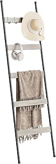 ELYKEN Blanket Ladder for Living Room, Farmhouse 5-Tier Quilt Holder with 4 Removable Hooks for Bathroom, Wood Towel Rack Display, Wall Anchor Leaning Decorative Stand for Home, White Oak