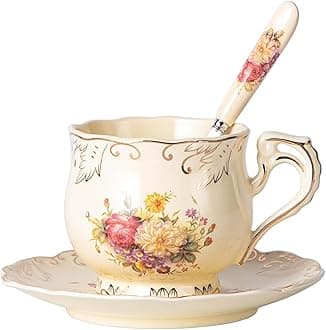 YOLIFE Flowering Shrubs Tea Cup and Saucer Set, 8 oz Vintage Ivory Ceramic Tea Cup Set with Spoon Gifts for Women