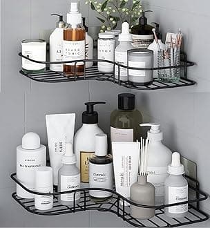 Metal (Pack of 2 Self-Adhesive Shelf/Storage Organizer for Bathroom and Kitchen Corner Wall Mounted Rack Shelf Bathroom Accessories Storage Rack (No Drilling-Shelf Adhesive) (8 and 9 INCH,Black)