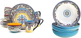 Euro Ceramica Zanzibar Collection 16 Piece Dinnerware Set + 4 Pasta Bowls, Spanish Floral Design