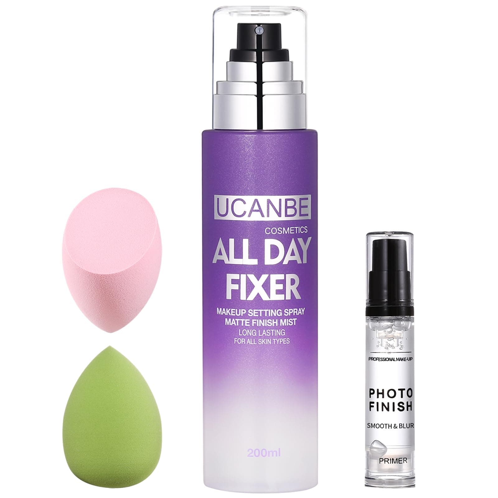 Makeup Setting Spray + Face Primer + Make Up Sponge, Gel-Based Hydrating Primer, Lightweight, Long Lasting Matte Finishing Spray,Beauty Blender Set
